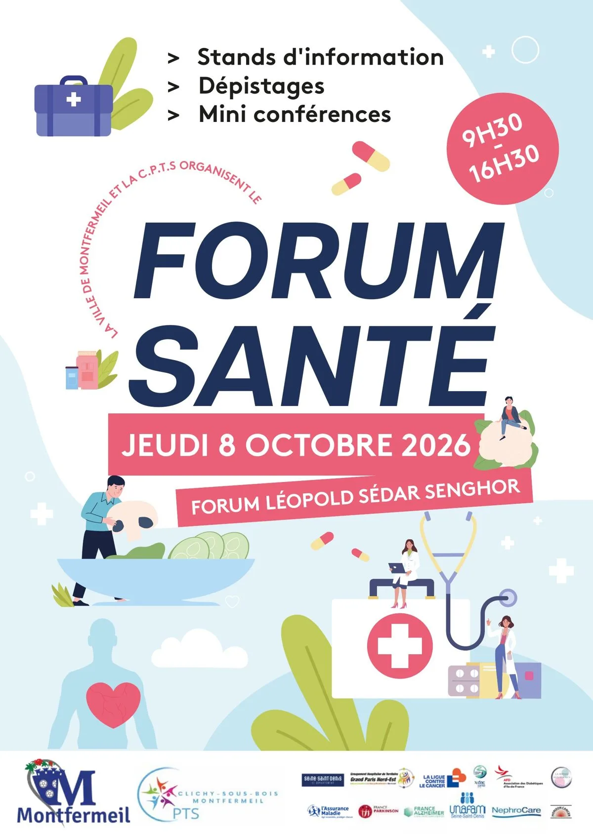 Affiche du Forum Santé organisé par la Ville de Montfermeil et la CPTS le jeudi 8 octobre 2026 au Forum Léopold Sédar Senghor, de 9h30 à 16h30