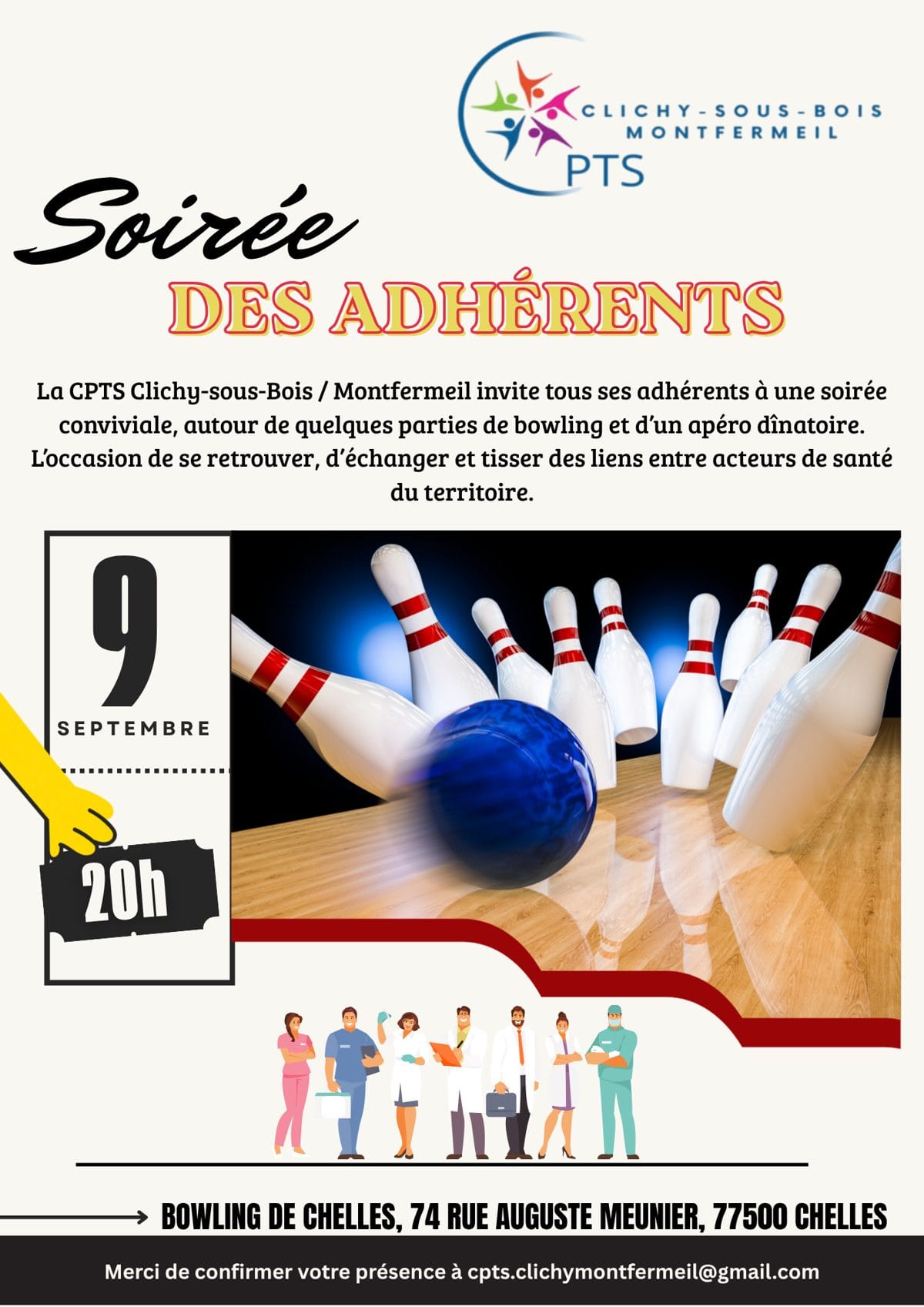Affiche de la soirée des adhérents de la CPTS Clichy-sous-Bois / Montfermeil au bowling de Chelles, le 9 septembre 2026 à 20h