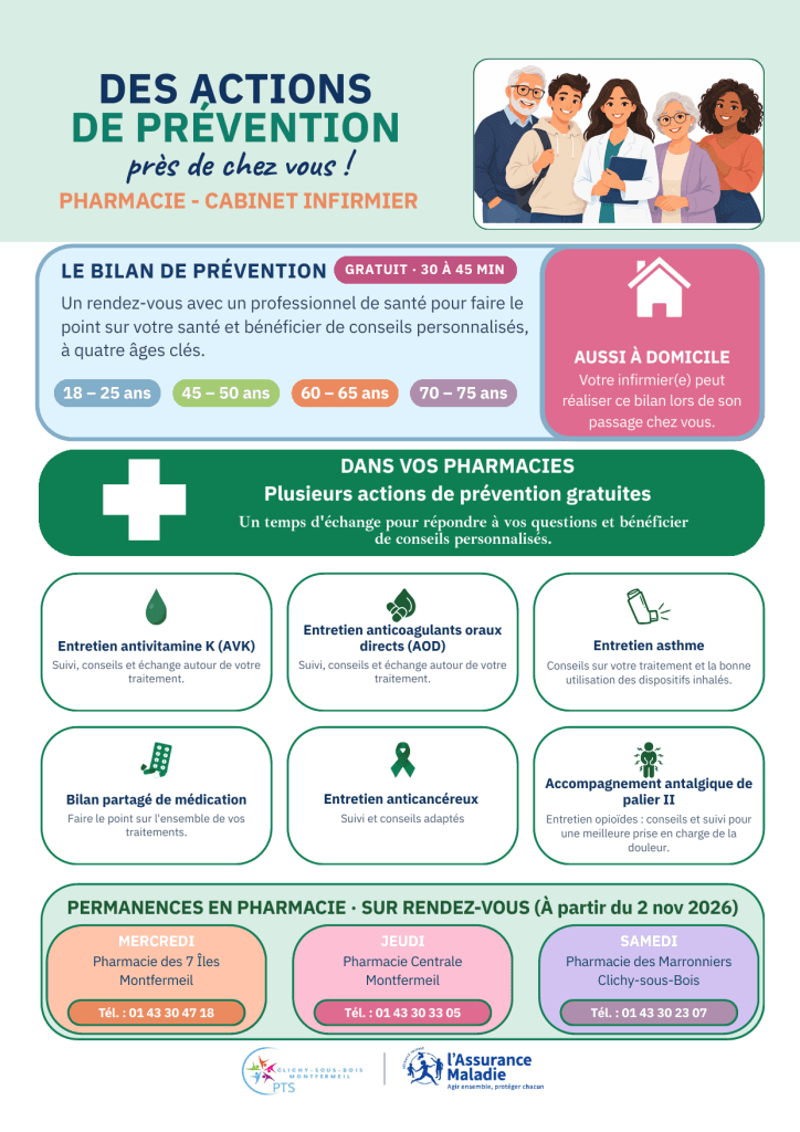 Affiche : des actions de prévention près de chez vous, en pharmacie et au cabinet infirmier – CPTS Clichy-sous-Bois / Montfermeil
