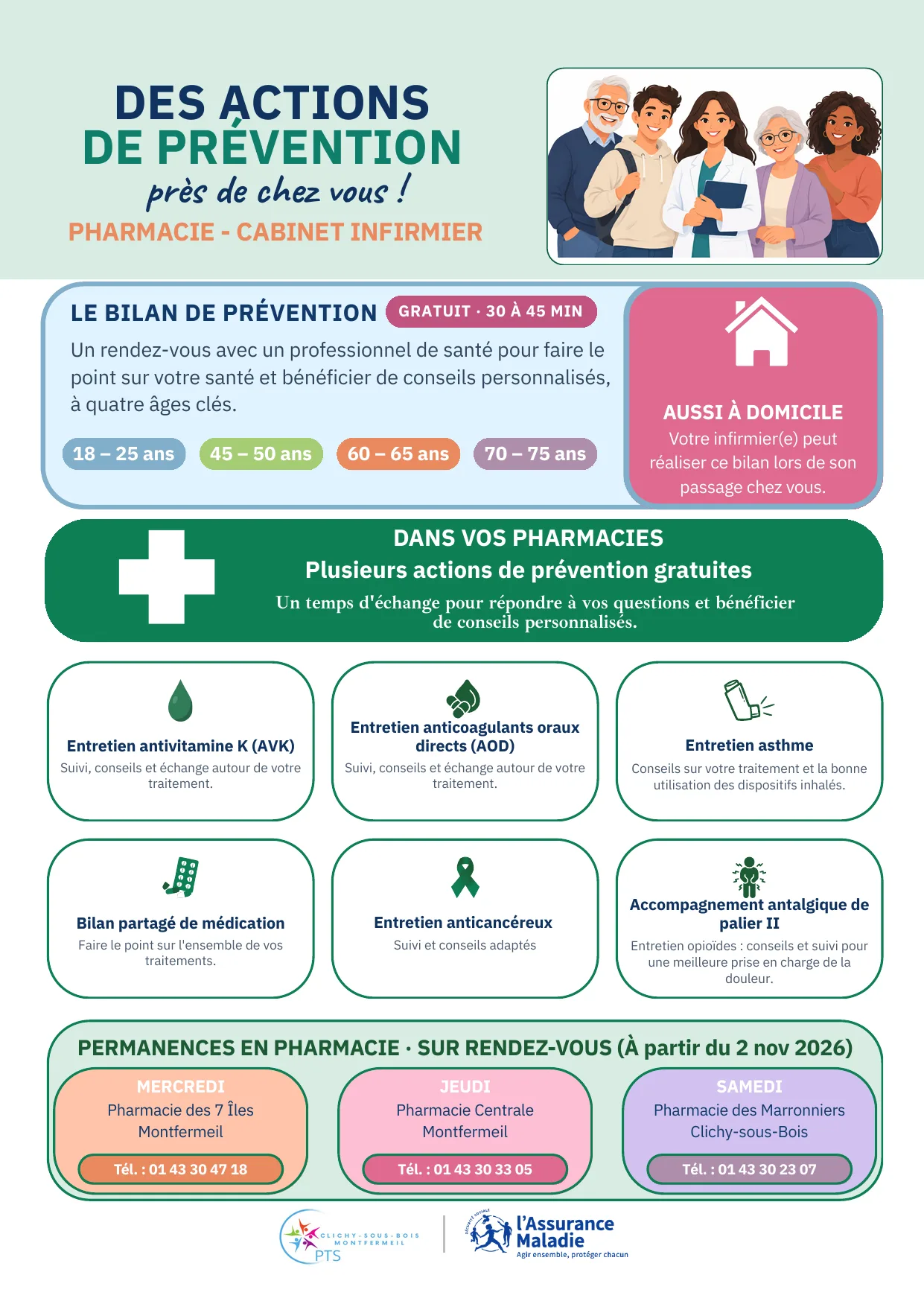 Affiche : des actions de prévention près de chez vous, en pharmacie et au cabinet infirmier – CPTS Clichy-sous-Bois / Montfermeil