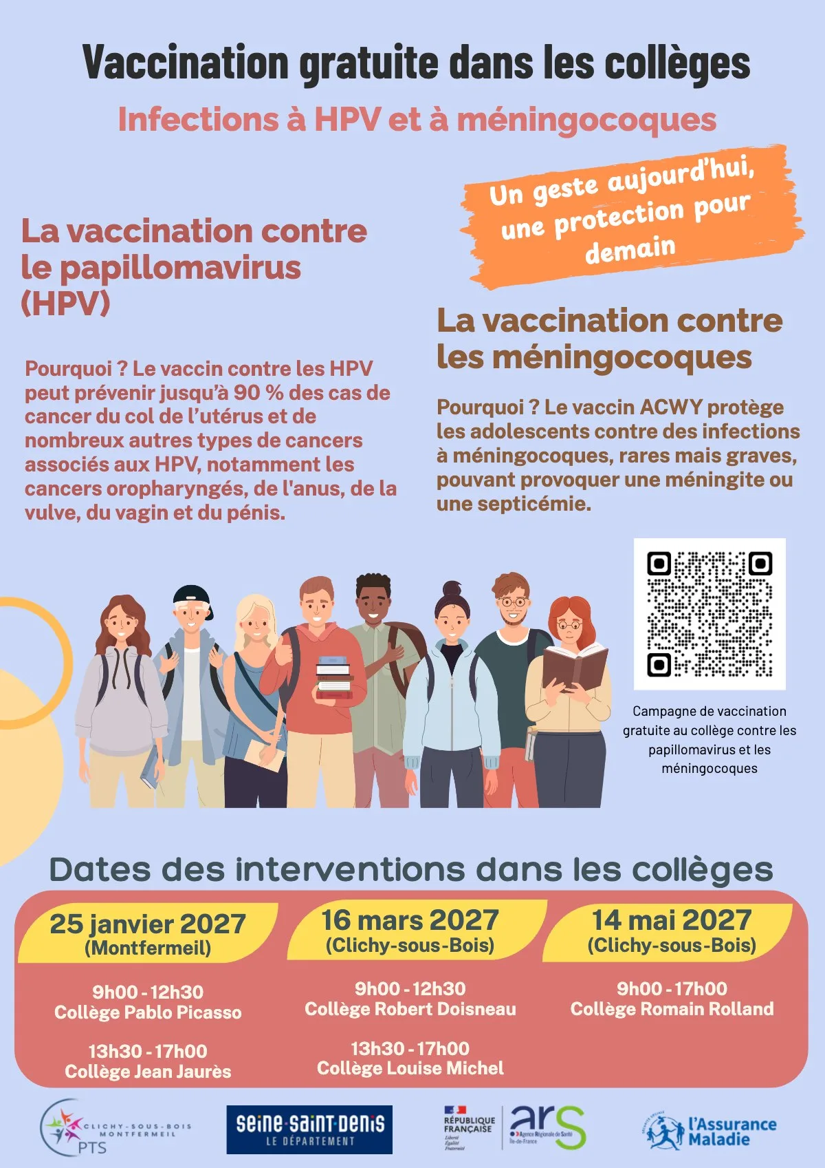 Affiche de la campagne de vaccination gratuite contre les HPV et les méningocoques dans les collèges de Clichy-sous-Bois et Montfermeil en 2027