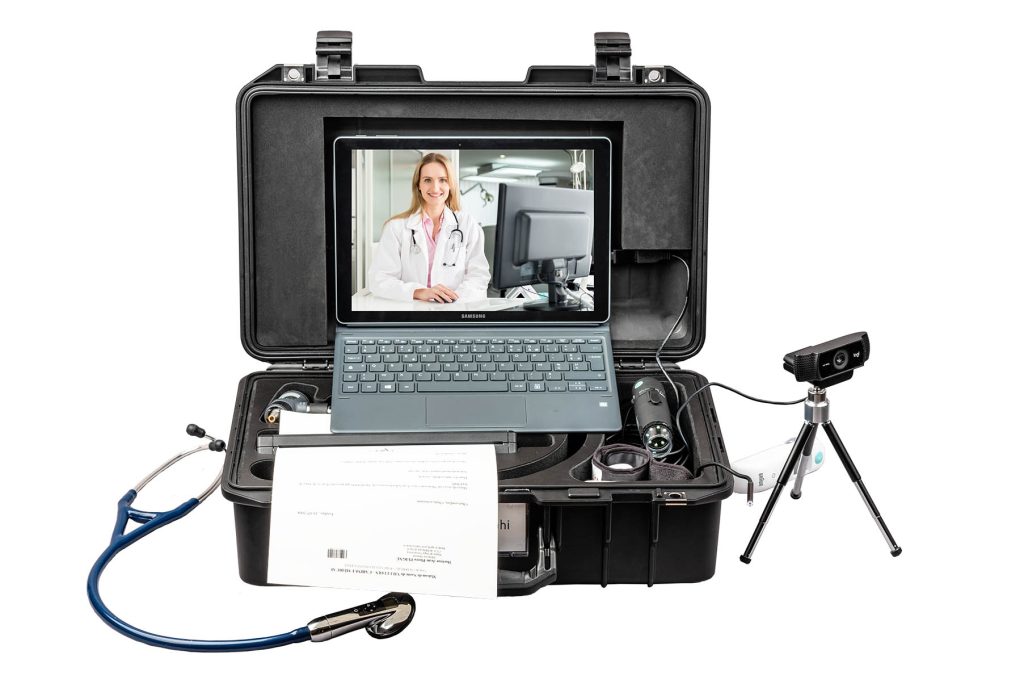 Mallette de téléconsultation connectée : tablette, caméra, stéthoscope, otoscope, dermatoscope, tensiomètre et thermomètre